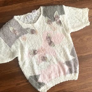 vintage 80s popcorn sweater M pink gray